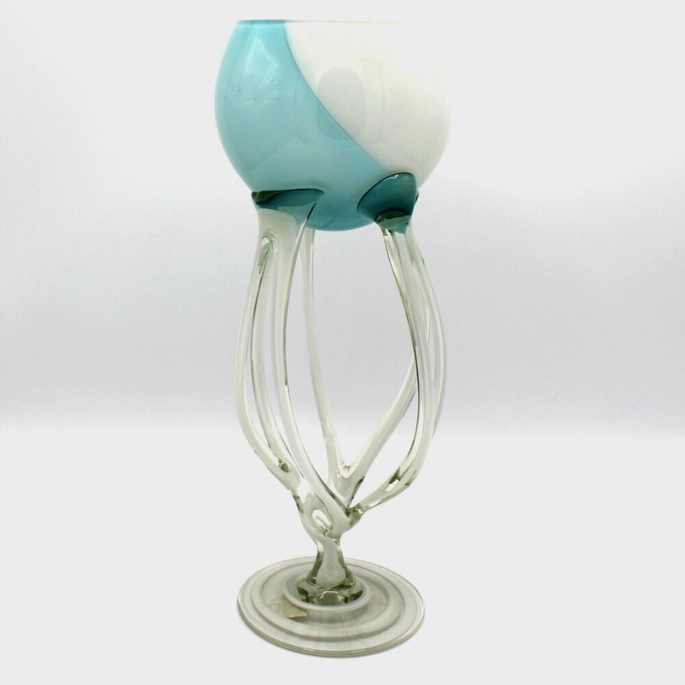 Vintage Jozefina Jellyfish Art Glass Sculpture Blue Swirl Design Votive Holder